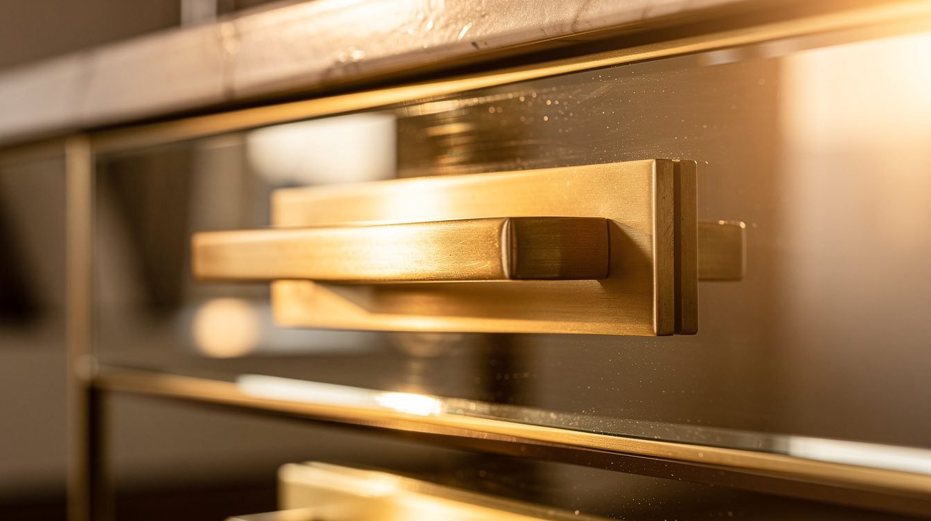 brass hardware and mirrored surface close-up, warm lighting, no branding