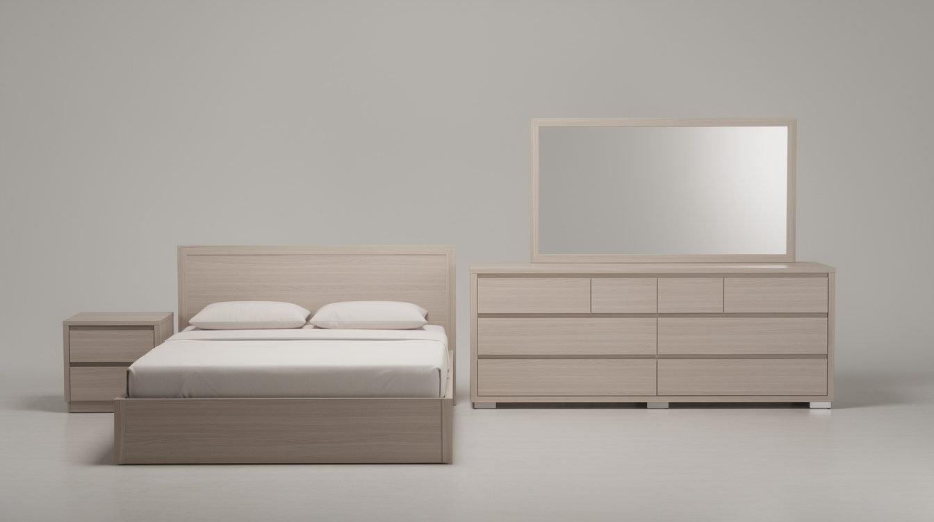 matching coordinated bedroom furniture set, department store catalog style, no visible text