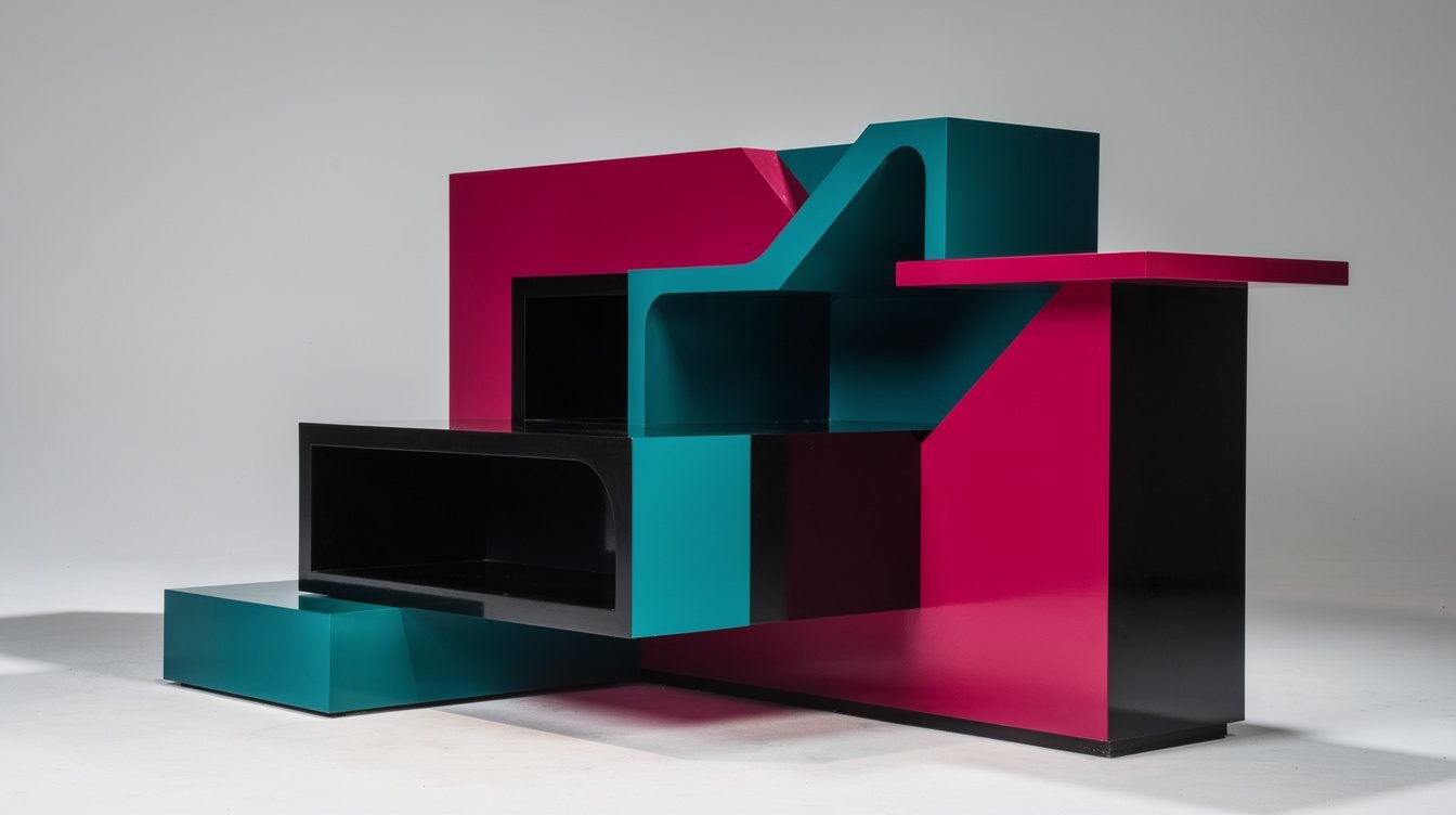 Memphis-style geometric shapes and postmodern furniture, editorial photography