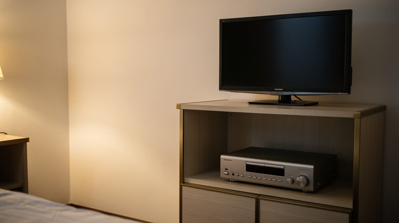 bedroom corner arranged around a television and stereo shelf unit, warm evening light
