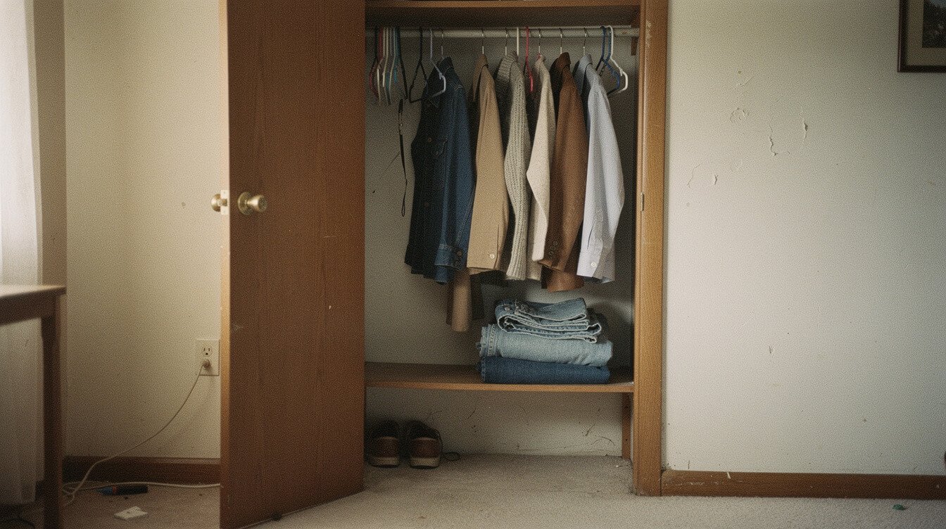 an ordinary 1980s bedroom closet with everyday clothing, not costume-vintage