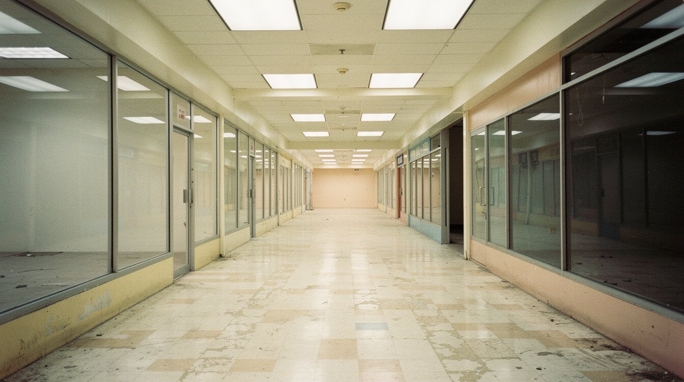 empty 1980s shopping mall corridor with blank storefronts