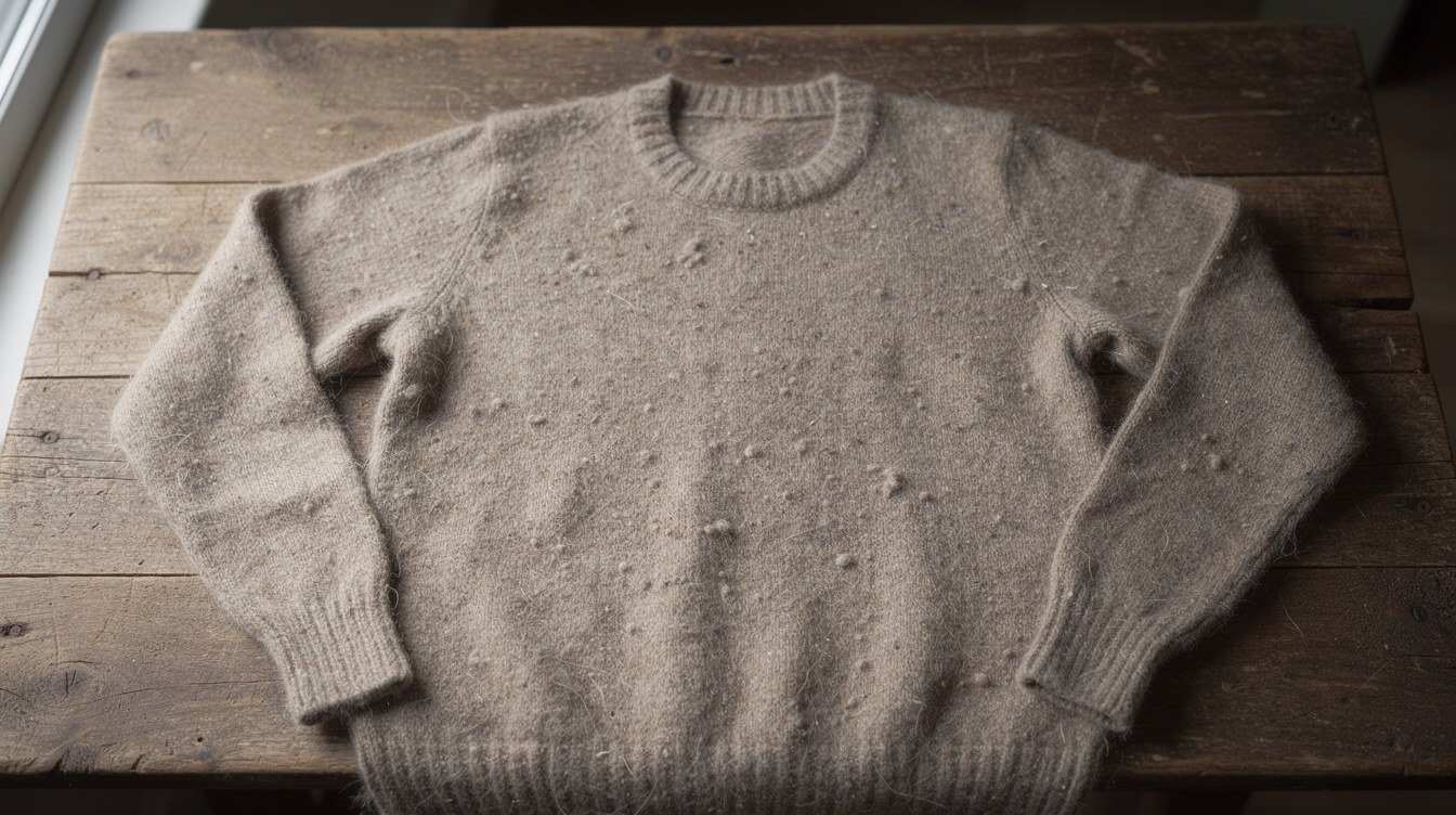 a single worn plain sweater, showing real age instead of costume vintage