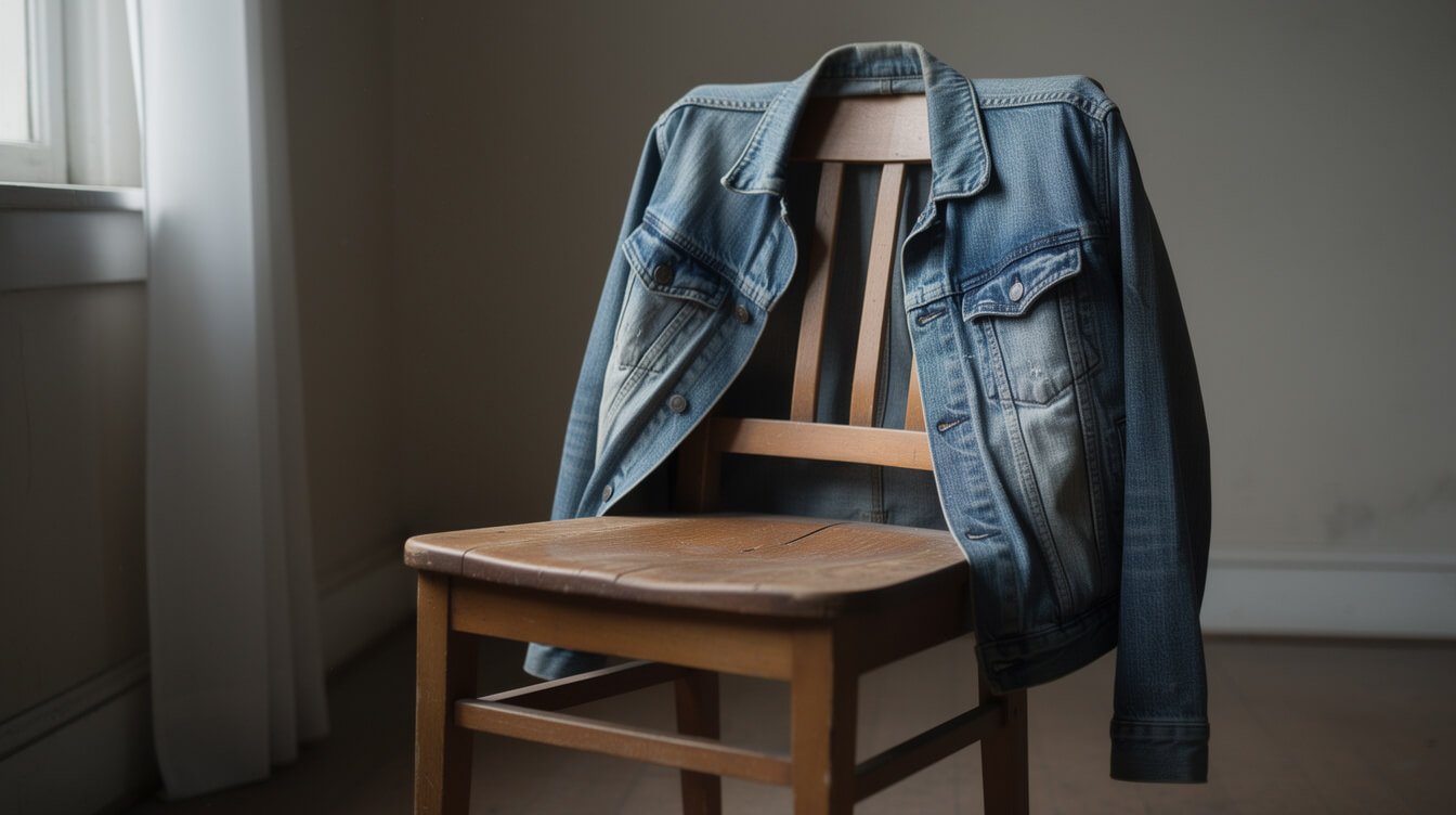 a single worn denim jacket draped over a chair